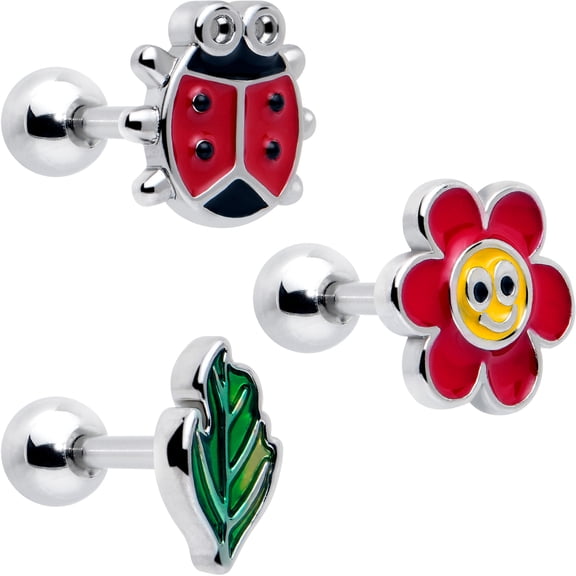 Body Candy 16G Womens 3Pc 316L Stainless Steel Ladybug Hippie Flower Mens Cartilage Earring Helix Tragus Jewelry Set 1/4"