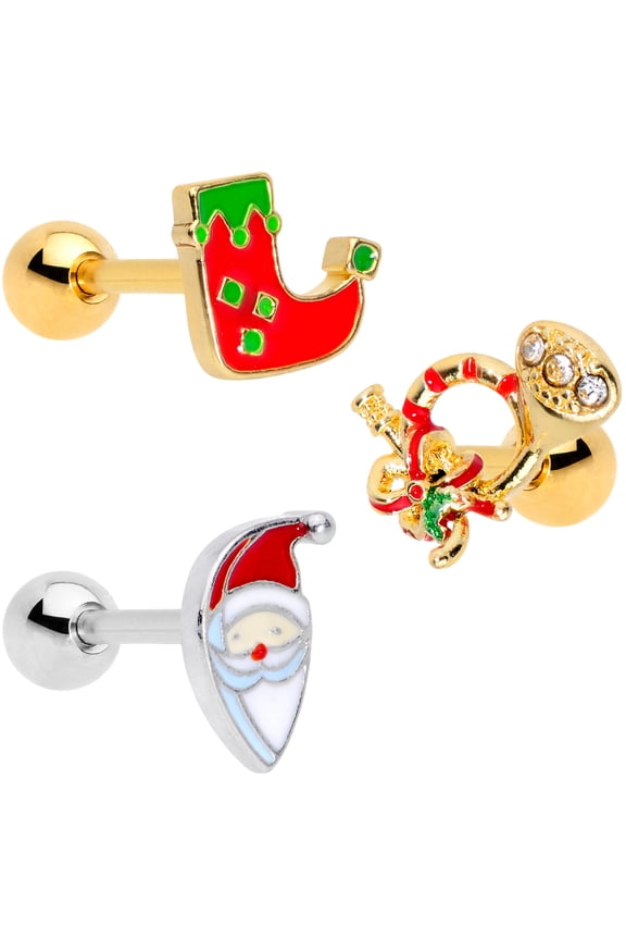 16G Womens 3Pc PVD Steel Horn Stocking Santa Cartilage Earring Helix Tragus Jewelry Set 1/4"