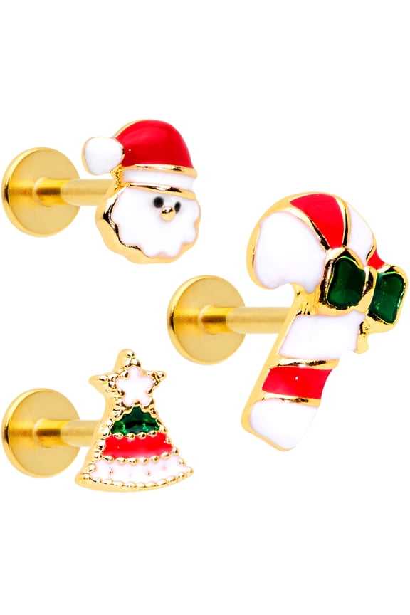 16G Womens PVD Steel 3Pc Red White Candy Cane Santa Labret Monroe Lip Ring Cartilage Tragus 1/4"