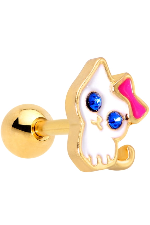 16G Womens PVD Steel Blue Accent Sweet Kitty Cat Cartilage Earring Helix Tragus Jewelry 1/4"