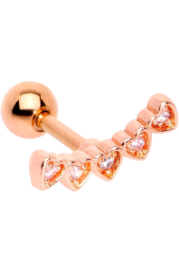 16G Womens Plated Steel Rosy Clear Accent Five Heart Cartilage Earring Helix Tragus Jewelry 1/4"