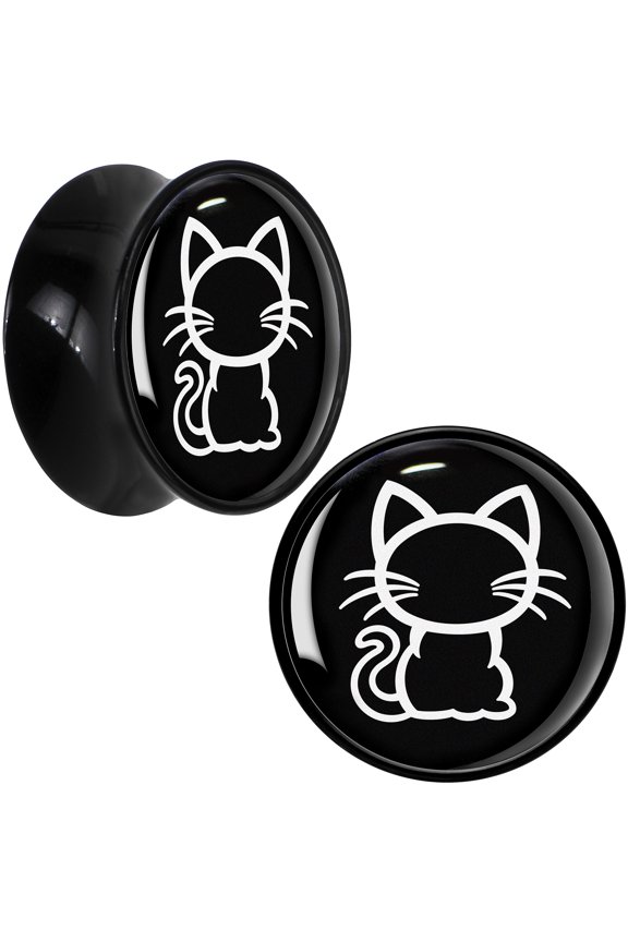18mm Black and White Kitty Cat Black Acrylic Saddle Plug Set of 2pc