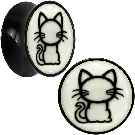 Body Candy 18mm Glow in the Dark Kitty Cat Black Acrylic Saddle Plug Set of 2pc