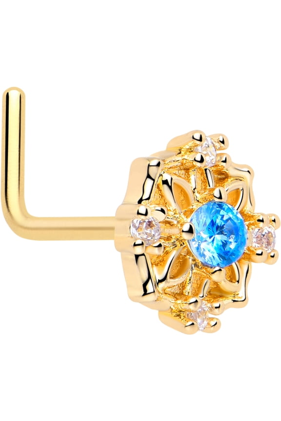 20 Gauge 7mm Blue CZ Gem Gold Tone Flower Ring L Shape Nose Ring Stainless Steel for Women