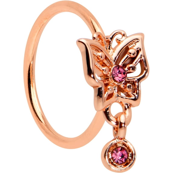 Body Candy 20G PVD Steel Nose Ring Rosy Pink Accent Butterfly Dangle Nose Hoop Ring Circular Nose Ring 5/16