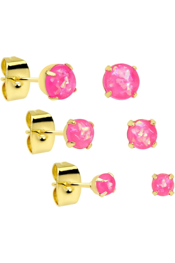 20G Plated Steel Iridescent Pink Stud Earrings Set of 3 Pierced Post Fashion Earrings Women