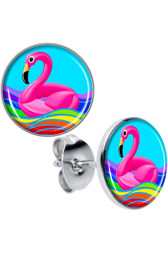 20G Stainless Steel Rainbow Sea Floating Flamingo Pierced Stud Earrings Set for Women