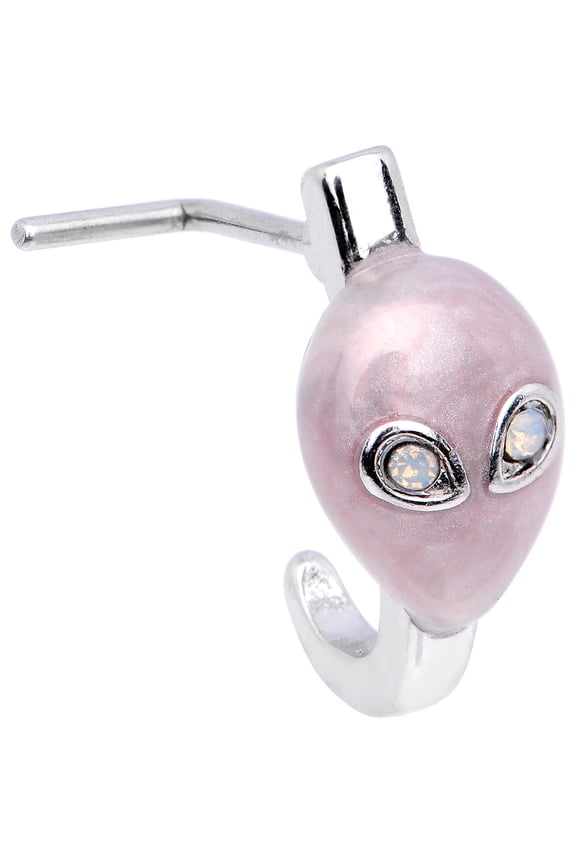 20G Steel Faux Hoop L Shaped Nose Ring Iridescent White Accent Alien Nose Stud Body Jewelry 1/4"