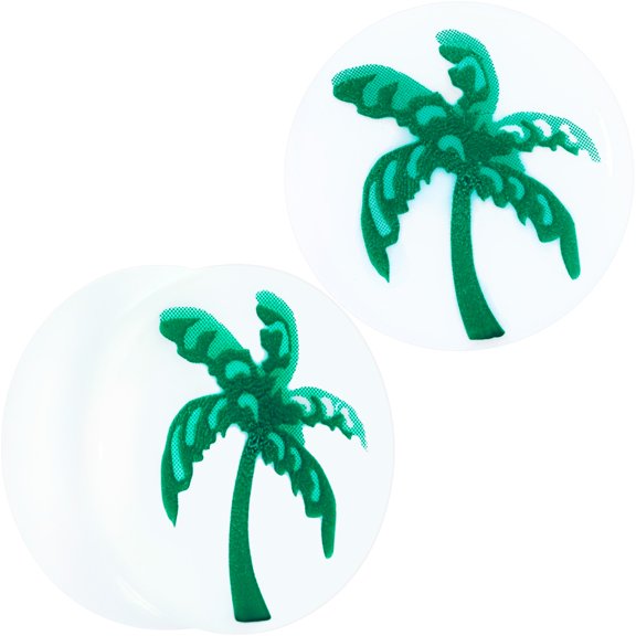 Body Candy 20mm Womens 2PC White Acrylic Green Palm Tree Saddle Plugs Double Flare Plug Ear Plug Gauges