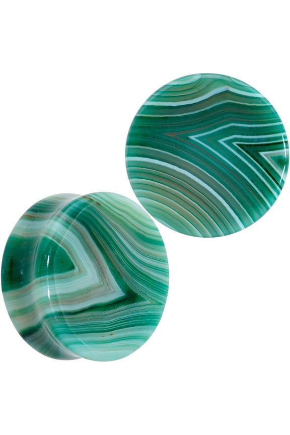 25mm Womens 2PC Green Line Agate Stone Saddle Plugs Double Flare Plug Ear Plug Gauges Set of 2