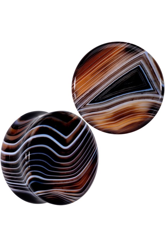 2PC Natural Black Line Agate Stone Saddle Plugs Double Flare Plug Ear Plug Gauges Set of 2