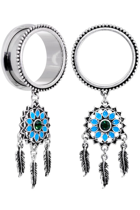 2Pc Steel 25mm Double Flare Screw Fit Tunnel Plug Feather Dreamcatcher Ear Plug Gauges Set of 2