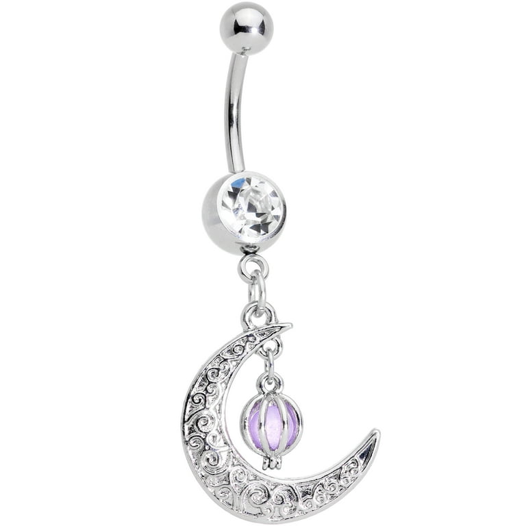 316L Surgical Steel Iridescent White CZ Crescent Moon Dangle Belly Ring 316L Surgical Steel Iridescent White CZ Crescent Moon Dangle Belly Ring