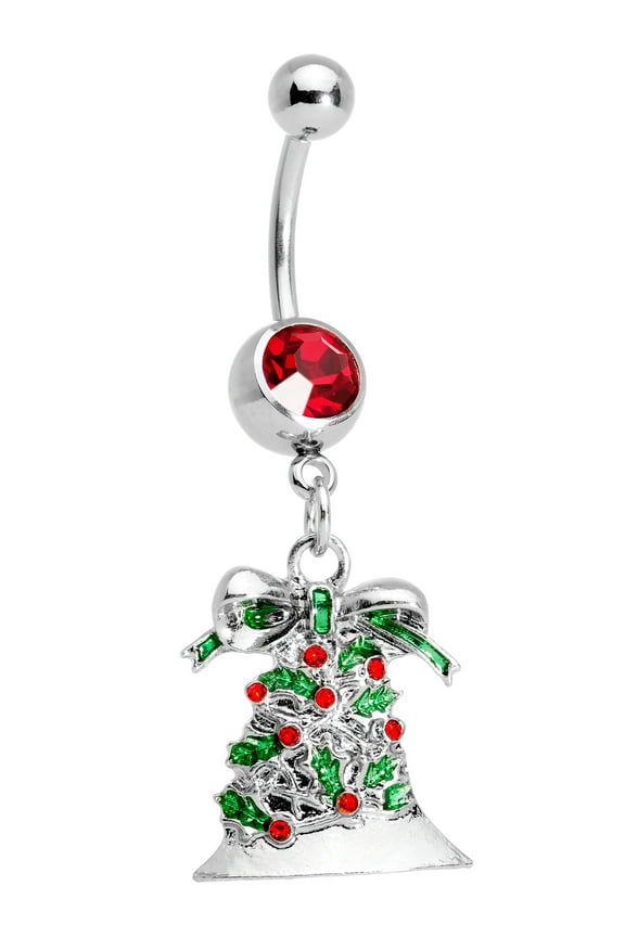 316L Steel Navel Ring Piercing Red Accent Christmas Holiday Bell Dangle Belly Button Ring 7/16"