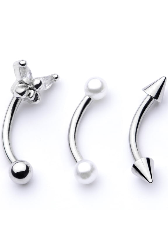 3Pc 16G Steel Eyebrow Cartilage Tragus Daith Conch Rook Clear Accent Butterfly Eyebrow Ring 5/16