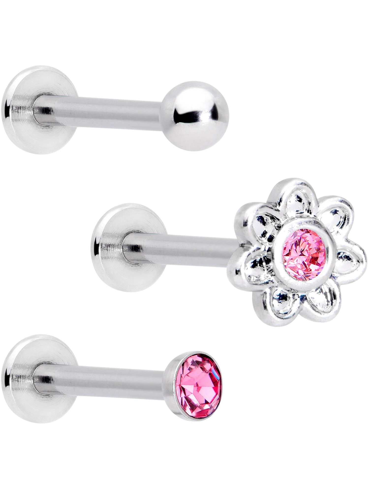 Body Candy 3Pc 16G Steel Pink Accent Flower Internally Threaded Labret Monroe Lip Ring Tragus Set 5 16