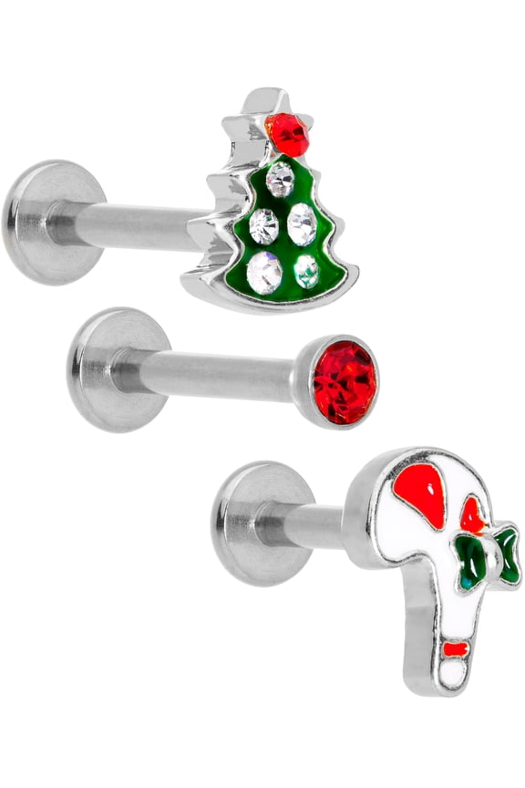 3Pc 16G Steel Red Accent Holiday Tree Candy Cane Labret Monroe Tragus Earring 8mm