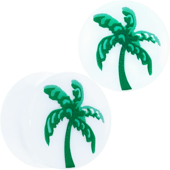 Body Candy 5/8" Womens 2PC White Acrylic Green Palm Tree Saddle Plugs Double Flare Plug Ear Plug Gauges