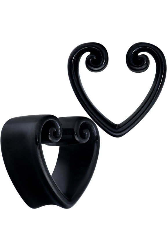 5/8" Womens 2Pc Black PVD Steel Curl Heart Saddle Tunnel Plug Earring Ear Plug Gauges Set of 2
