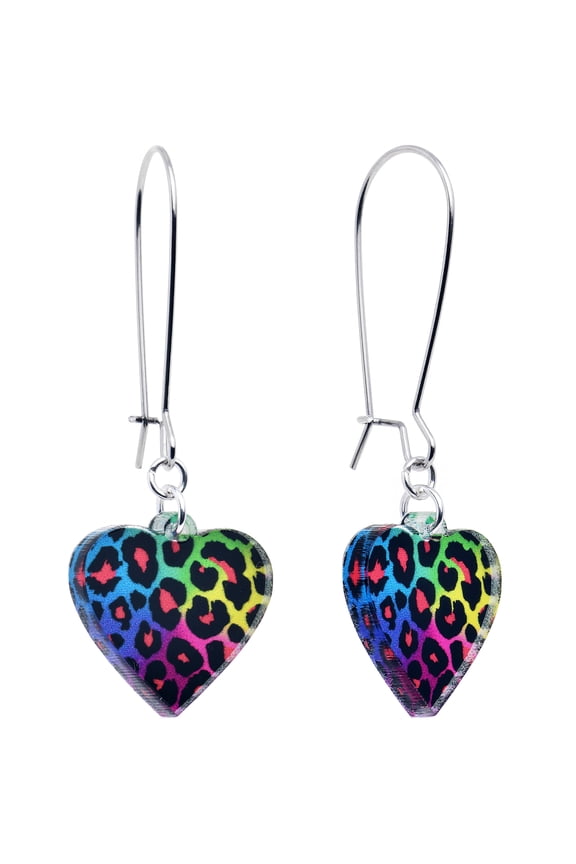 Acrylicious Rainbow Cheetah Print Heart Dangle Earrings Stainless Steel for Women