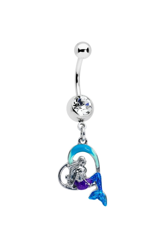 Belly Button Ring Womens 14G 316L Stainless Steel Navel Ring Piercing Mermaid Heart Dangle Mens