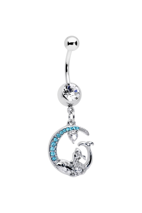 Belly Button Ring Womens 14G 316L Stainless Steel Navel Ring Piercing Mermaid Moon Dangle Mens