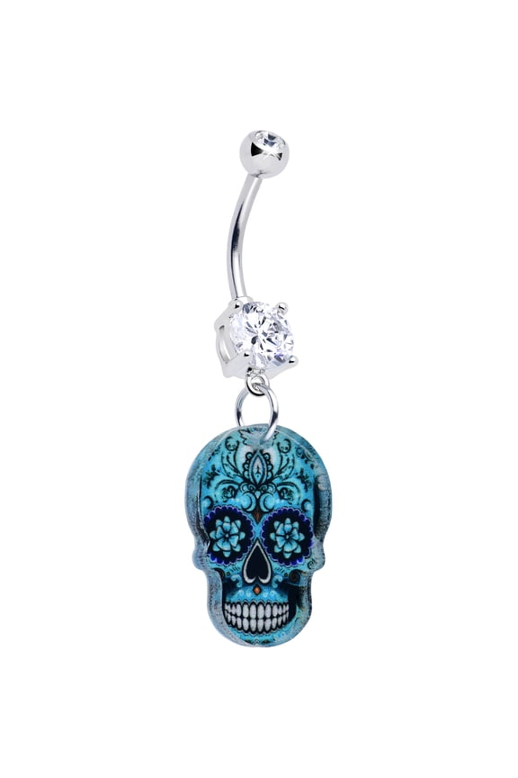 Belly Ring Shades of Aqua Sugar Skull Belly Button Ring Surgical Steel