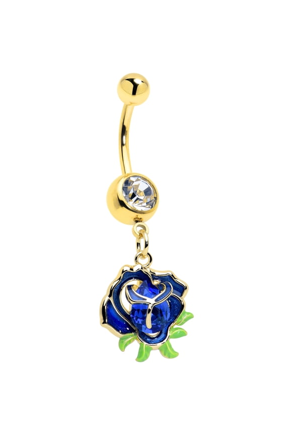 Blue Gem Gold Tone Deep Blue Flower Dangle Belly Ring Stainless Steel for Women