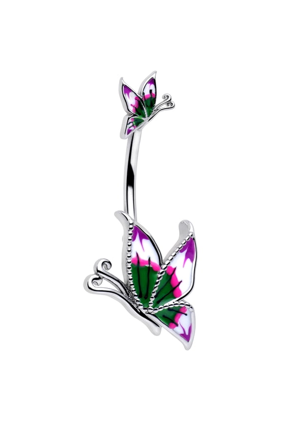 Double Mount Belly Ring - 316L Stainless Steel Navel Piercing Jewelry Profile Butterflies for Women Men