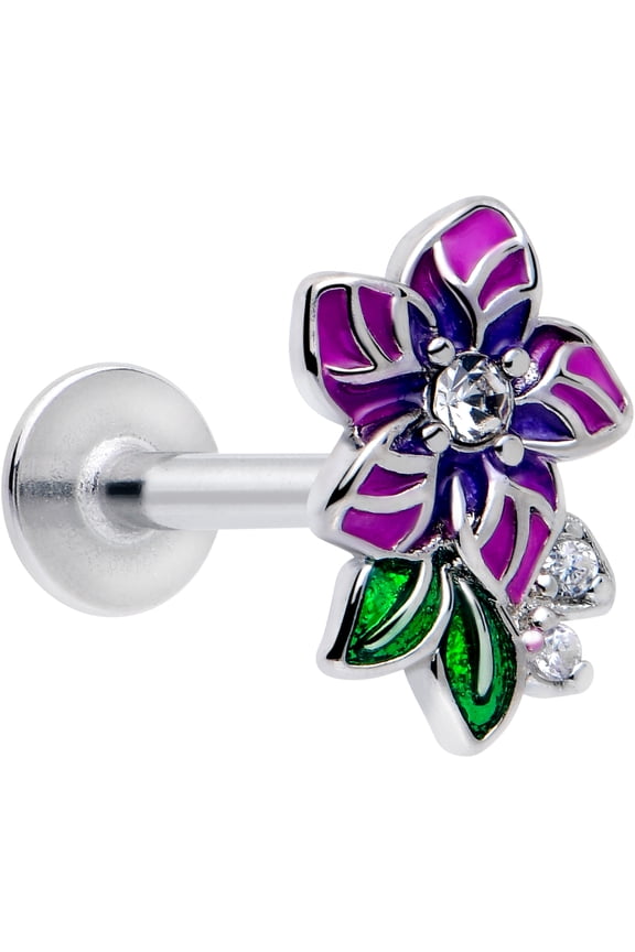 Flat Back Cartilage Earring - 16 Gauge 5/16 316L Surgical Steel Flower Purple Labret Stud for Conch, Helix, Lip, Tragus, Monroe