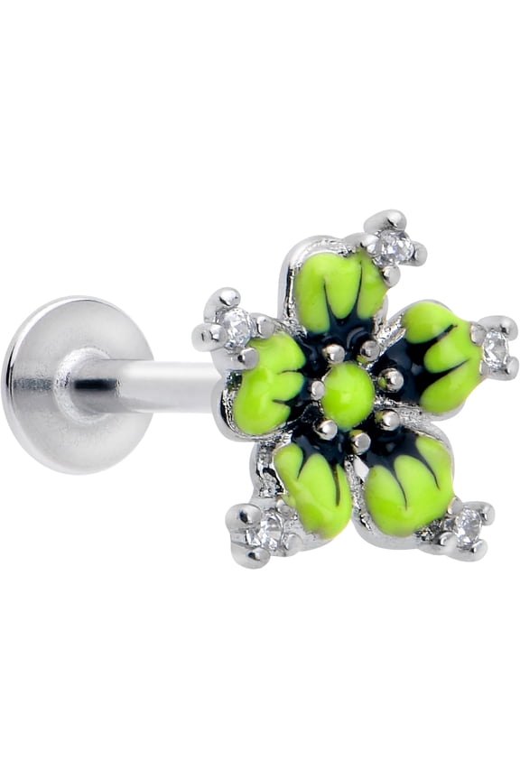 Flat Back Cartilage Earring - 16 Gauge 5/16 316L Surgical Steel Green Flower Stud Earring for Cartilage, Conch, Helix, Labret, Tragus, Monroe