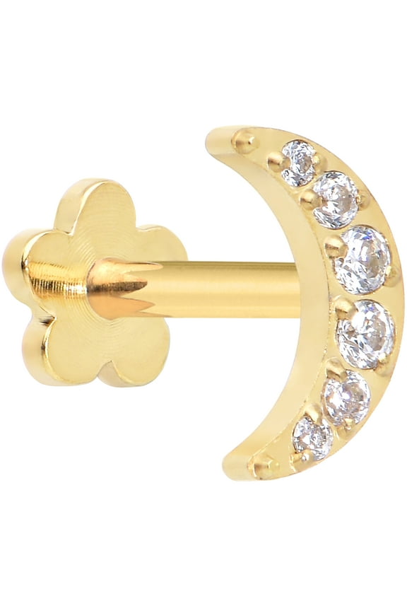 Flat Back Cartilage Earring - 18 Gauge 1/414k Gold Plated ASTM Titanium Crescent Moon Reversible Flower Threadless Stud Earring for Cartilage, Conch, Helix, Labret, Tragus, Monroe