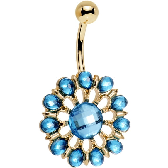 Body Candy Gold Anodized Steel Brilliant Blue Accent Ancient Aster Flower Belly Button Ring