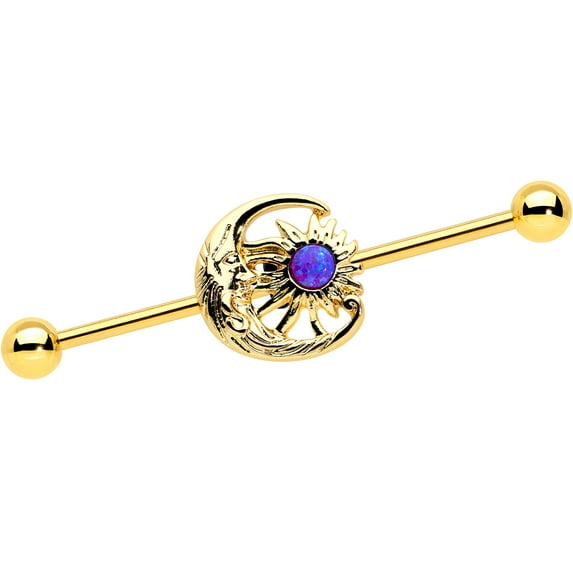 Body Candy Gold Anodized Steel Purple Synthetic Opal Moon Sun Industrial Barbell 14 Gauge 38mm