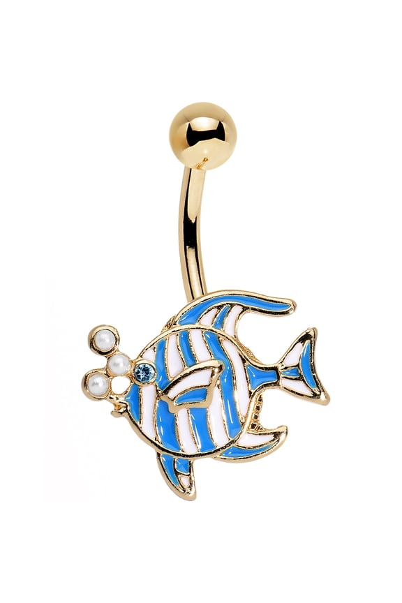 Gold PVD Steel Blue Accent White Orb Fashionable Fishy Belly Button Ring