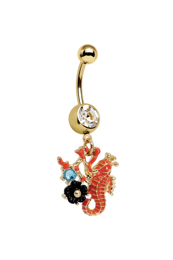 Gold PVD Steel Clear Brilliant Blue Accent Orange Black Flower Seahorse Dangle Belly Ring