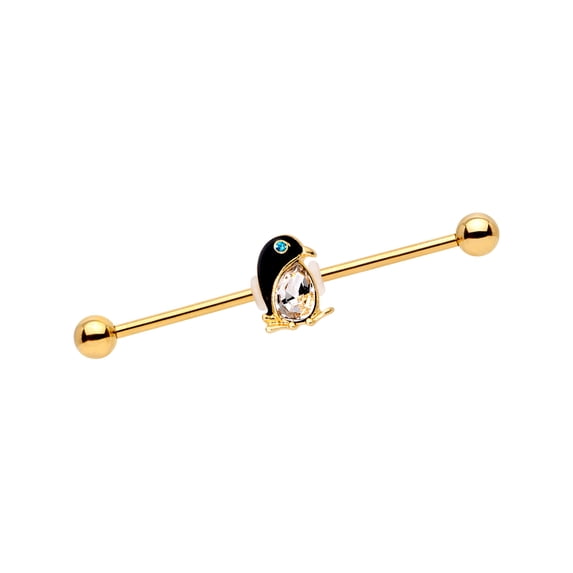 Body Candy Gold PVD Steel Clear Teal Accent Bling Bling Penguin Industrial Barbell 14 Gauge 38mm