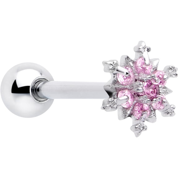 Body Candy Pink CZ Gem Snowflake Glam Barbell Tongue Ring Stainless Steel for Women