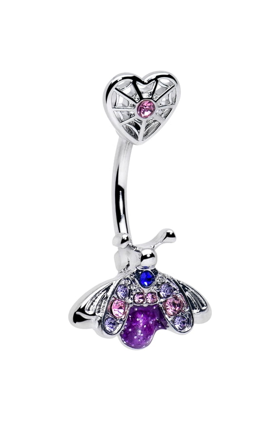 Pink Purple Gem Spiderweb Heart Love Insect Double Mount Belly Ring Stainless Steel for Women