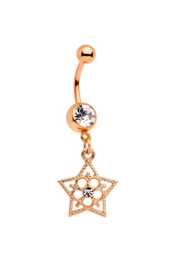 Plated Steel Navel Ring Piercing Clear Accent Rosy Star Flower Dangle Belly Button Ring