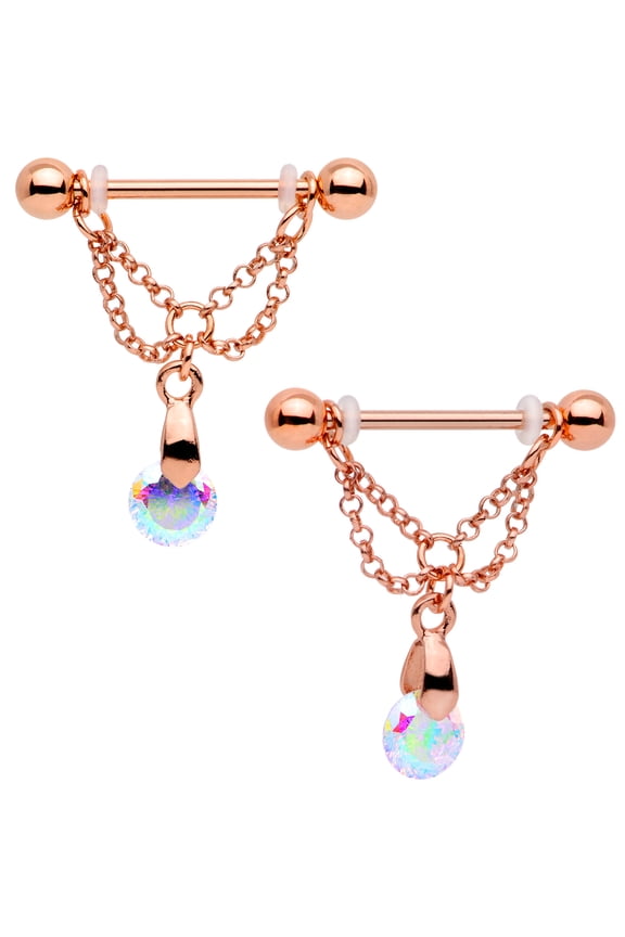 Rose Gold PVD Steel Aurora Accent Droplet Chain Dangle Barbell Nipple Ring Set of 2 14 Gauge 9/16"