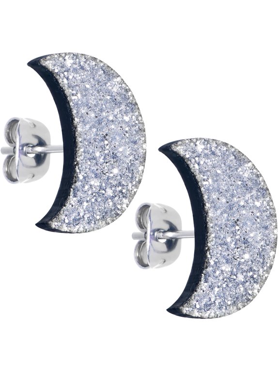 Silver Clesestial Glitter Crescent Moon Stud Earrings