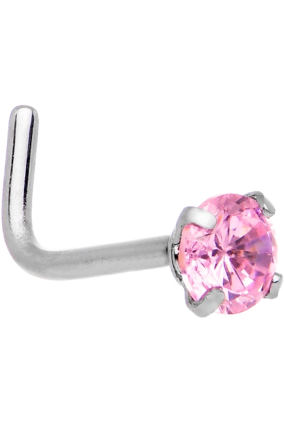 Stainless Steel 3mm Pink Accent L-Shape Nose Ring 20 Gauge 1/4"