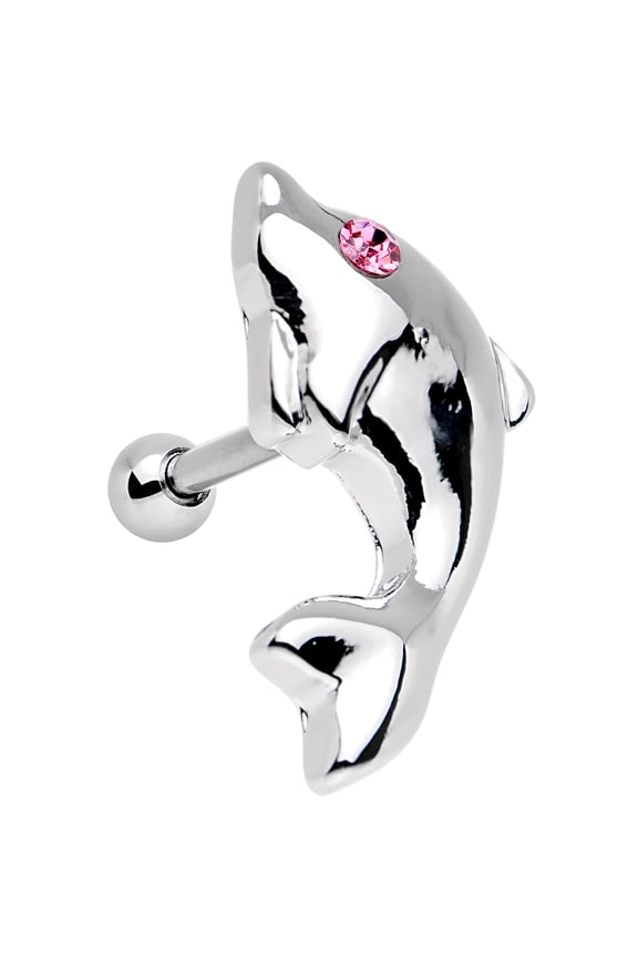 Stainless Steel Barbell Pink Eye Dolphin Left Cartilage Earring 16 Gauge 1/4"