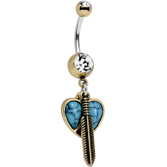 Body Candy Stainless Steel Brilliant Blue Clear Accent Heart Forever Feather Dangle Belly Ring