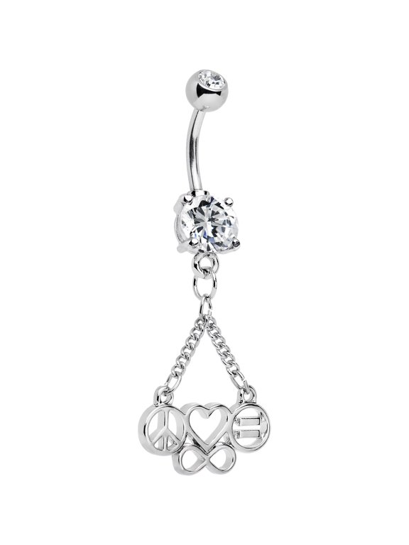 Stainless Steel Clear Accent Peace Sign Heart Love Equality Infinity Dangle Belly Ring