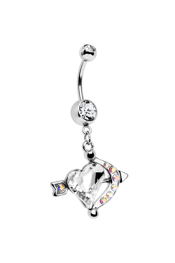 Stainless Steel Clear Aurora Accent Cupids Aim Arrow and Heart Dangle Belly Ring