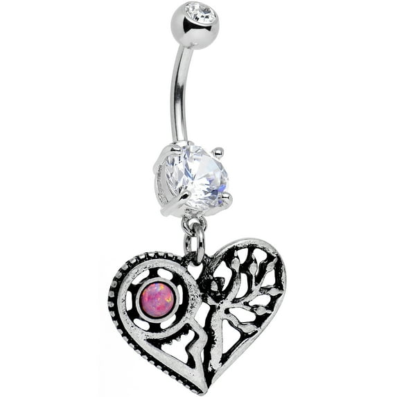 Body Candy Stainless Steel Clear Iridescent Pink Accent Steampunk Heart Tree Dangle Belly Ring