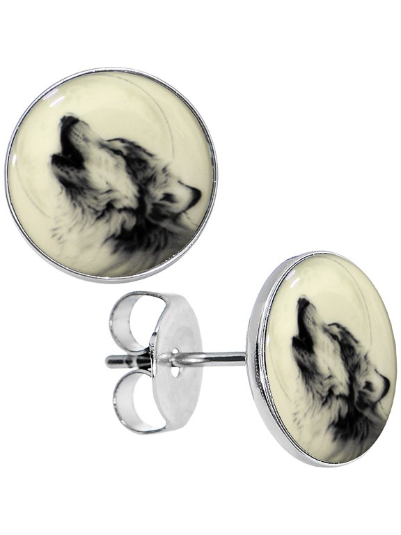 Stainless Steel Glow in the Dark Howling Wolf Stud Earrings