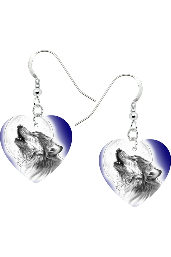 Stainless Steel Heart Moon Howling Wolf Earrings